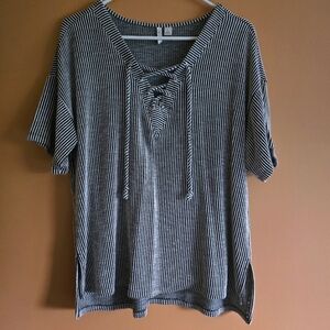 Cato Striped Ribbed Tie Top, L (PTP=21")